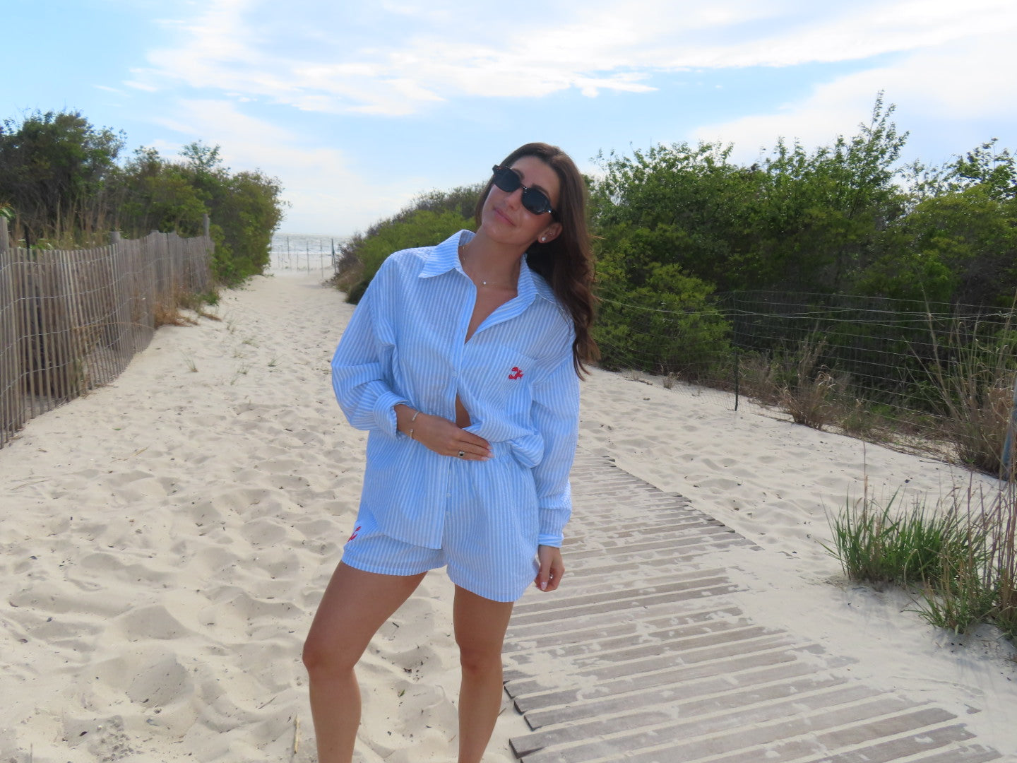 Striped Embroidered Lobster Button Up