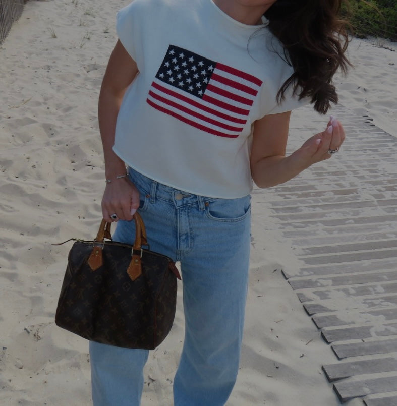 Drop Shoulder Mock Neck "USA Flag" Graphic Sweater