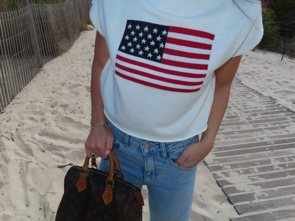 Drop Shoulder Mock Neck "USA Flag" Graphic Sweater